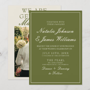 Elegante Olivgrüne Old Money Foto Hochzeit Einladung