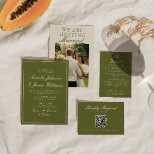 Elegante Olivgrüne Old Money Foto Hochzeit Einladung