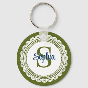 Elegante olivgrüne Vintage-Spitzen-Monogramm-Name Schlüsselanhänger