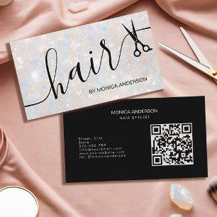 Elegante Opal Glitter Haar Schrift Schere QR Code Visitenkarte