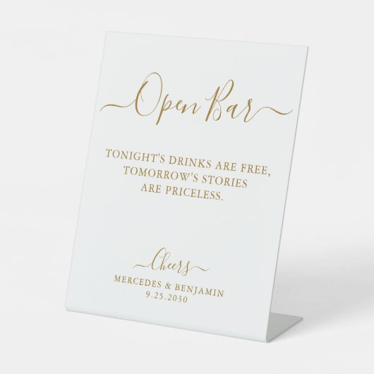 Elegante Open Bar Gold Script Personalisiert Weddi Sockelschild (Vorderseite)