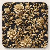 Elegante Opulenz: Schwarz und Gold Barockblumen Getränkeuntersetzer (Vorderseite)