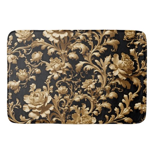 Elegante Opulenz: Schwarze und goldene Blume Flämi Badematte (Vorderseite)
