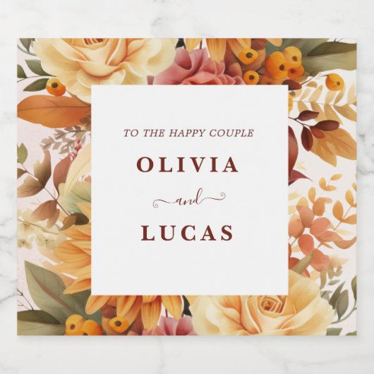 Elegante Orange Blume Frame Wedding Schaumweinetikett (Einzelnes Label)