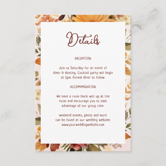 Elegante Orange Blume Rahmen Hochzeitdetails Begleitkarte (Vorderseite)