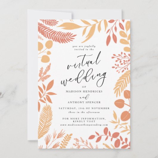 Elegante Orange Botanical Virtual Wedding Einladung (Vorderseite)