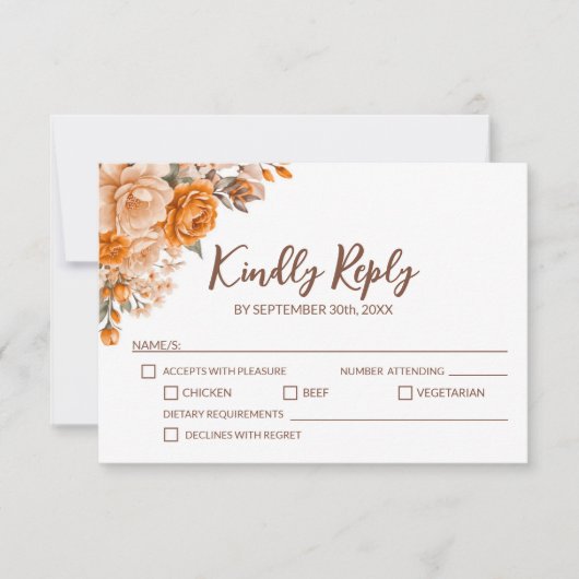 Elegante Orange Floral Wedding RSVP Karte (Vorderseite)