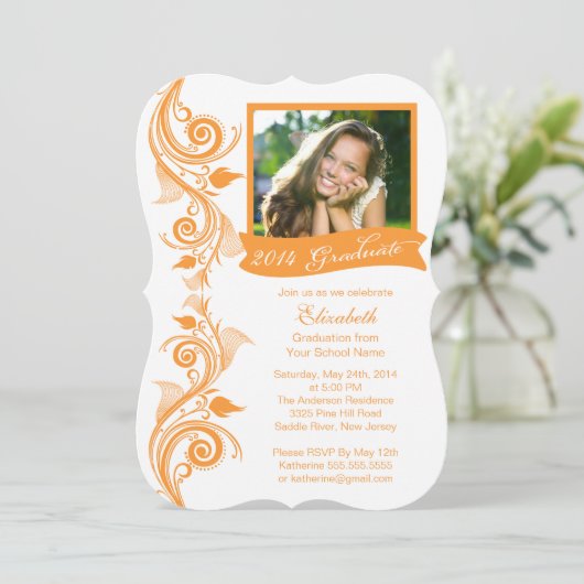 Elegante Orange Foto Graduation Party Einladung (Stehend Vorderseite)