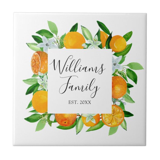 Elegante Orange Früchte und Blume Sommer Blumen Fliese (Vorderseite)