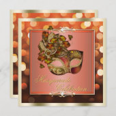 Elegante Orange Glimmerlicht Bokeh Masquerade Einladung (Vorne/Hinten)