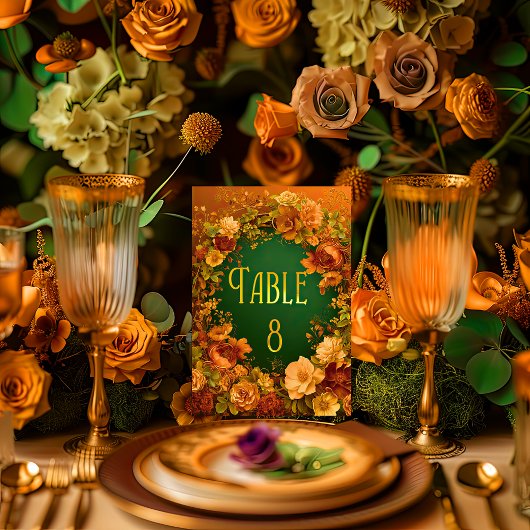Elegante Orange Gold & Green Druid Hill Wedding Tischnummer