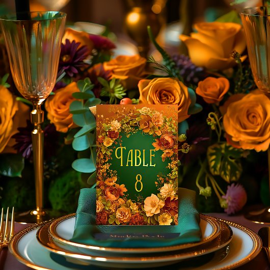 Elegante Orange Gold & Green Druid Hill Wedding Tischnummer