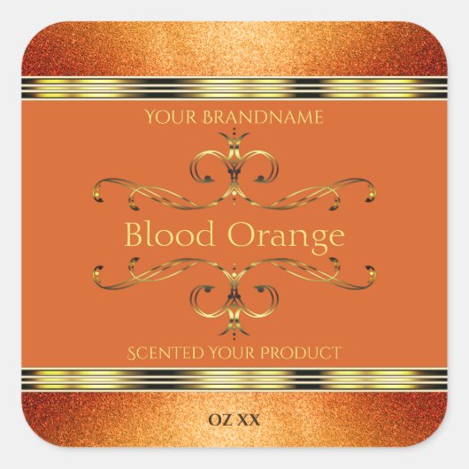 Elegante Orange Gold Produktkennzeichnungen Glitze Quadratischer Aufkleber (Vorderseite)