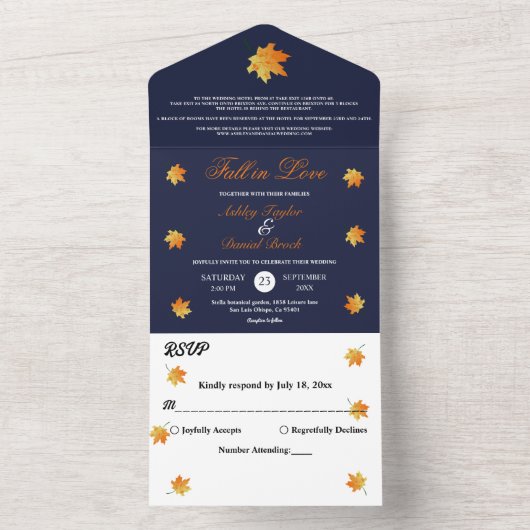 Elegante Orange Herbstlaubs Blue Floral Wedding All In One Einladung (Innen Boden)