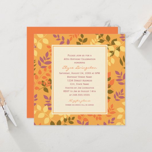 Elegante Orange Herbstlaubs Geburtstagsfeier Einladung (Vorderseite/Rückseite Beispiel)
