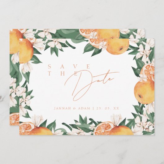 Elegante Orange Mediterranean Citrus Wedding Save The Date (Vorne/Hinten)