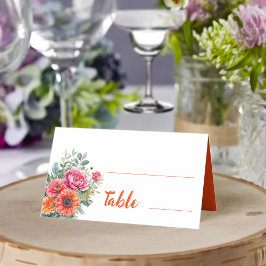 Elegante Orange Pink Watercolor Blumenhochzeit Platzkarte