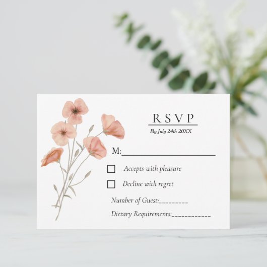 Elegante Orange Poppy Blume Botanische Hochzeit RSVP Karte (Stehend Vorderseite)