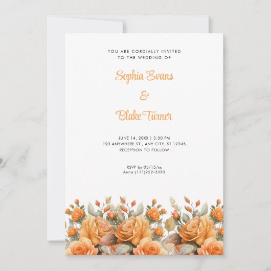 Elegante Orange Rose Garden White Wedding Einladung (Vorderseite)