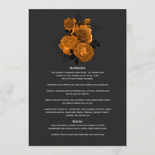 Elegante Orange- und Black Gothic-Hochzeit Menükarte (Rückseite)