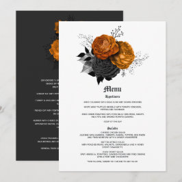 Elegante Orange- und Black Gothic-Hochzeit Menükarte