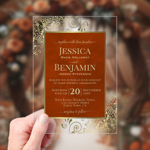 Elegante Orange- und Goldfarbene Hochzeitstextgest Acryleinladungen