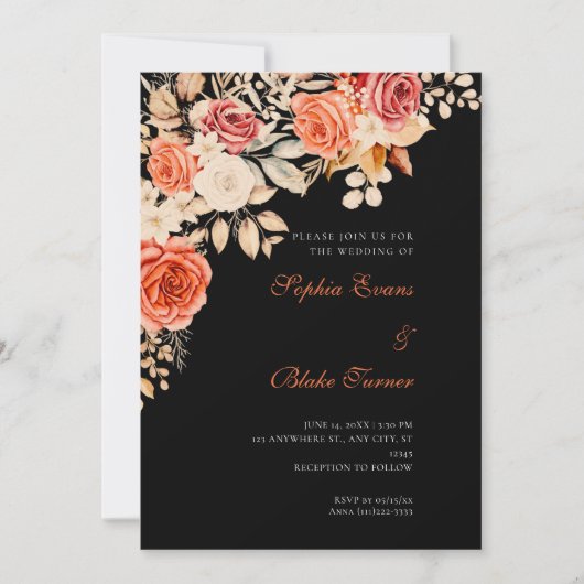Elegante Orange und White Roses Black Wedding Einladung (Vorderseite)