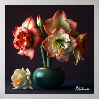 Elegante Orange White Amaryllis Blume Poster