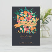 Elegante Orange & Yellow Floral Save the Date Kart (Stehend Vorderseite)