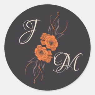 Elegante Orangefarbene Blumen Monogramm Hochzeit A Runder Aufkleber
