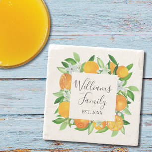 Elegante orangefarbene Früchte und Blumen Sommerbl Steinuntersetzer