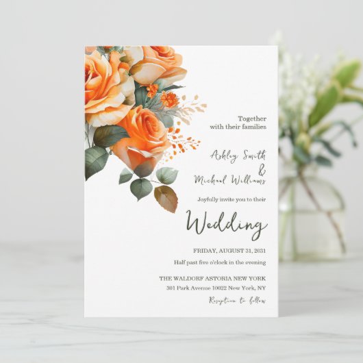 Elegante Orangefarbene Rose Hochzeit mit floralen  Einladung (Stehend Vorderseite)