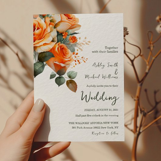 Elegante Orangefarbene Rose Hochzeit mit floralen Einladung
