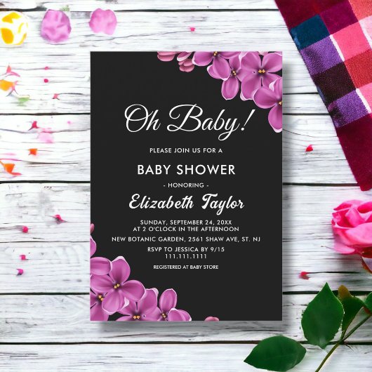 Elegante Orchid Blume Black Floral Baby Dusche Einladung