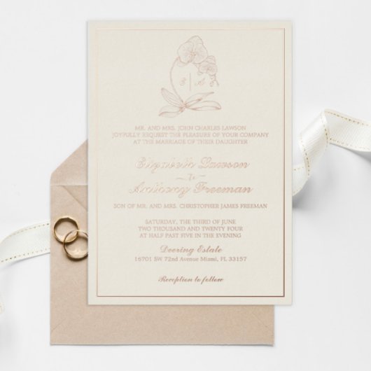 Elegante Orchid Monogram Gold Foil Formal Wedding Folieneinladung