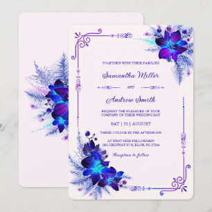 Elegante Orchideen-Hochzeit in Blau und Lila Einladung