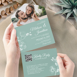Elegante Orchideen mintgrüne Blumen QR-Code Hochze All In One Einladung