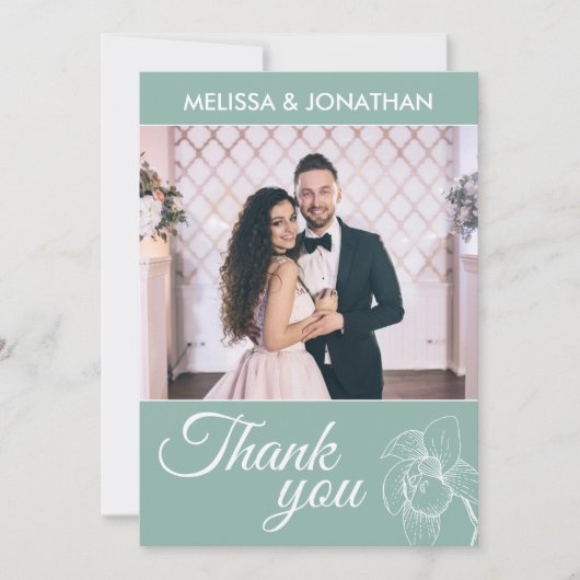 Elegante Orchideen Modernes grünes HochzeitsFoto Dankeskarte (Vorderseite)