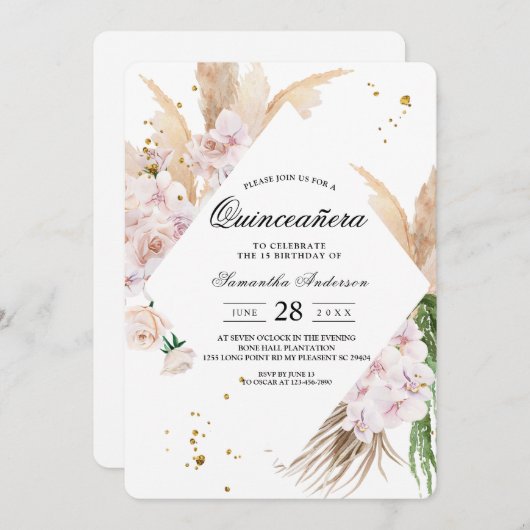 Elegante Orchideen & Pampas Schönheitsrahmen Einladung (Vorne/Hinten)