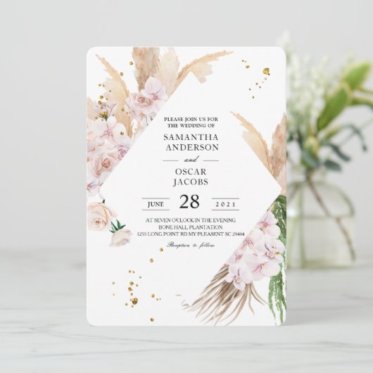 Elegante Orchideen & Pampas Schönheitsrahmen Einladung (Stehend Vorderseite)