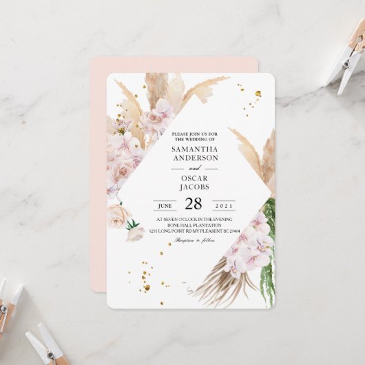 Elegante Orchideen & Pampas Schönheitsrahmen Einladung (Vorderseite/Rückseite Beispiel)