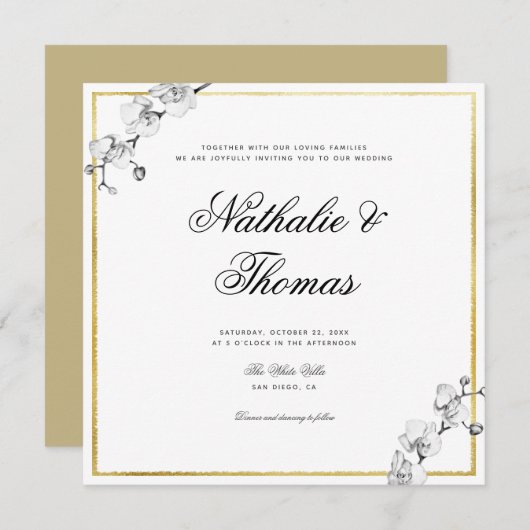 Elegante Orchideen Schwarz-weiße Goldrahmen Hochze Einladung (Vorne/Hinten)