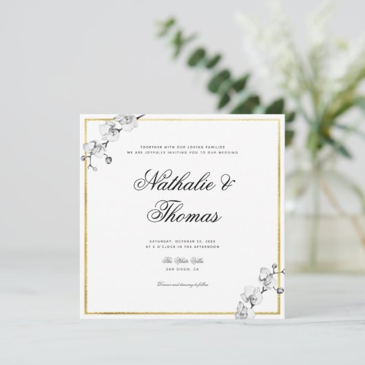 Elegante Orchideen Schwarz-weiße Goldrahmen Hochze Einladung (Stehend Vorderseite)