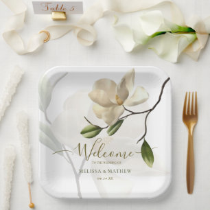 Elegante Oriental White Magnolia Wedding Pappteller