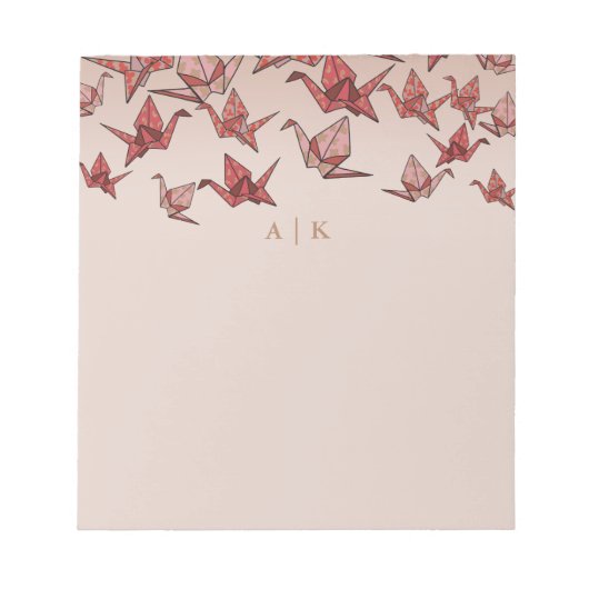 Elegante Origami Paper Crane Red Monogram Notizblock (Vorderseite)