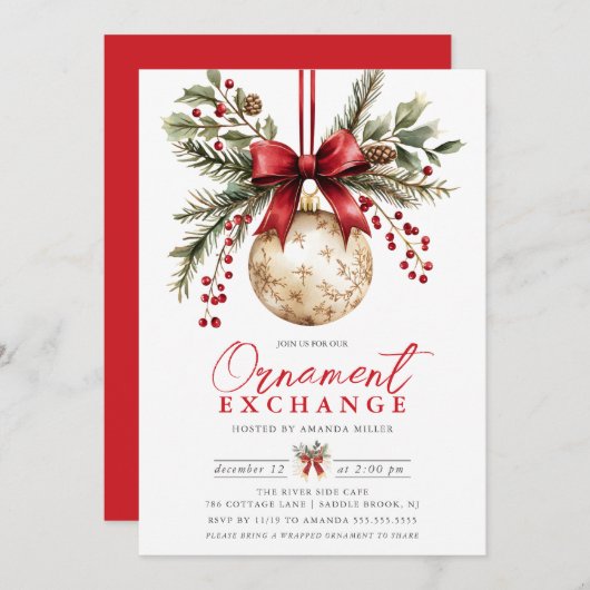 Elegante Ornament Exchange Einladung (Vorne/Hinten)