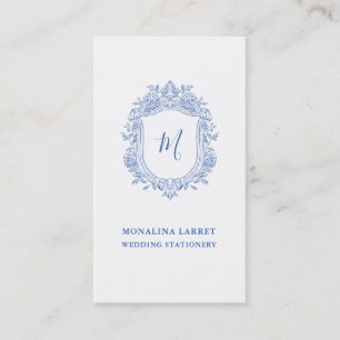 Elegante Ornamentale Rose Wappen Blue Monogram Visitenkarte