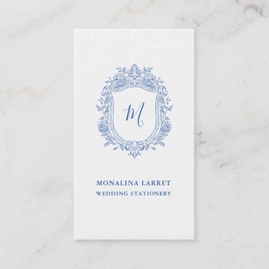 Elegante Ornamentale Rose Wappen Blue Monogram Visitenkarte (Vorderseite)