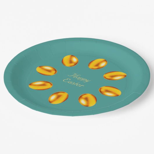 Elegante Ostereier auf Aquamarinen Pappteller (Schrägansicht)