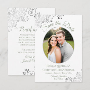 Elegante ovale Foto Salbei Grün Silber Locken Hoch Save The Date